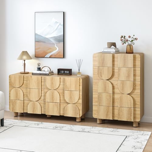 Fluted 5 Drawers Dresser for Bedroom, 46" Tall Dressers & Chest of Drawers w/Curved Profile Design, Wood Mid Century Modern Vertical Storage Dressers Organizer for Living Room, Hallway, Natural Oak