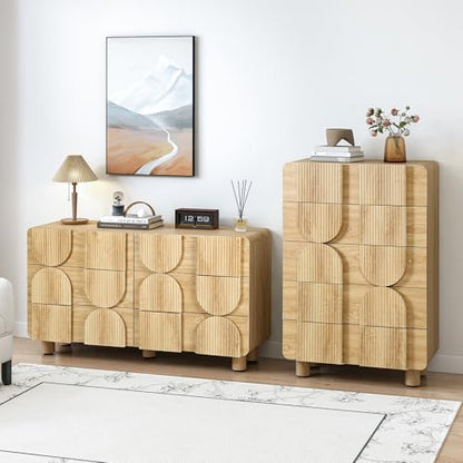 Fluted 5 Drawers Dresser for Bedroom, 46" Tall Dressers & Chest of Drawers w/Curved Profile Design, Wood Mid Century Modern Vertical Storage Dressers Organizer for Living Room, Hallway, Natural Oak