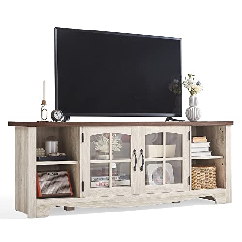Farmhouse TV Stand for 65 Inch TV, Wood Entertainment Center with Glass Door Storage Cabinet & Adjustable Shelves, Large Sturdy TV Console Table for Living Room Bedroom