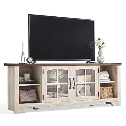 Farmhouse TV Stand for 65 Inch TV, Wood Entertainment Center with Glass Door Storage Cabinet & Adjustable Shelves, Large Sturdy TV Console Table for Living Room Bedroom