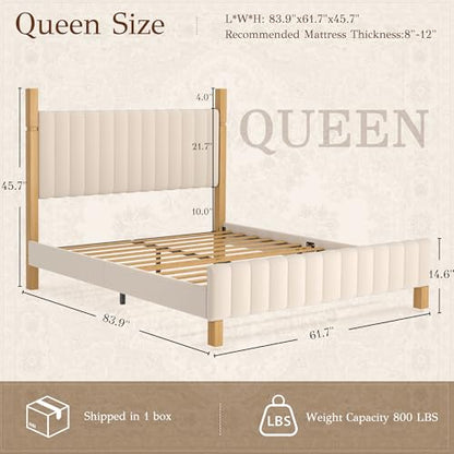 Queen Bed Frame with Headboard, Solid Wood Bed Frame Queen Size, Platform Bedframe Noise Free, No Box Spring Needed, Beige Linen