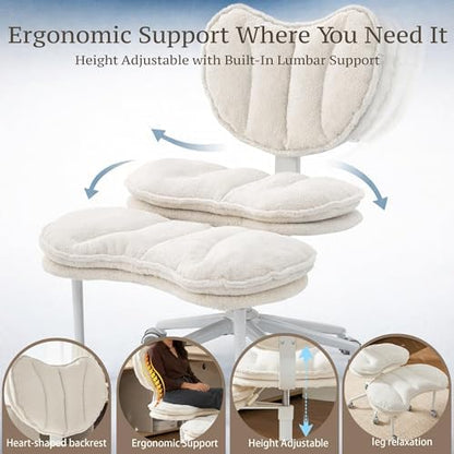 Cross Legged Chair with 360° Swivel Footrest, Criss Cross Office Chair for Plus Size, Teddy Fleece Armless Desk Chair with Wheels, Memory Foam Cozy Active Sitting Chair for Home Office,