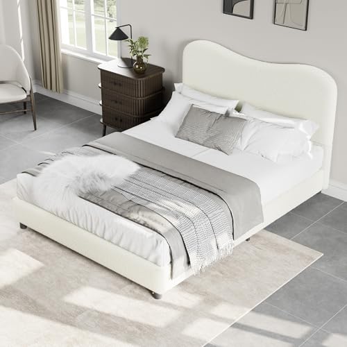 Full Size Bed Frame with Boucle Fabric, Beige