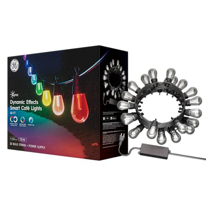 GE Dynamic Effects Smart Cafe Lights, Color Changing Patio String Lights, Compatible with Alexa and Google, 48ft
