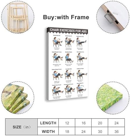 Chair Exercises for Abs Seated Core Workout Chart Adult Fitness Canvas Poster Wall Art for Living Room Bedroom Decor Frame 16x24inch