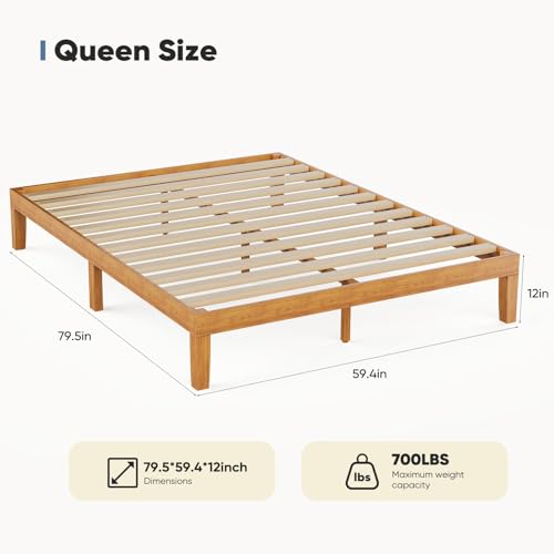 Solid Wood Platform Queen Bed Frame, 12inch Wooden Mattress Foundation with Sturdy Wood Slat Support, No Box Spring Needed, Under Bed Storage, Natural Pine