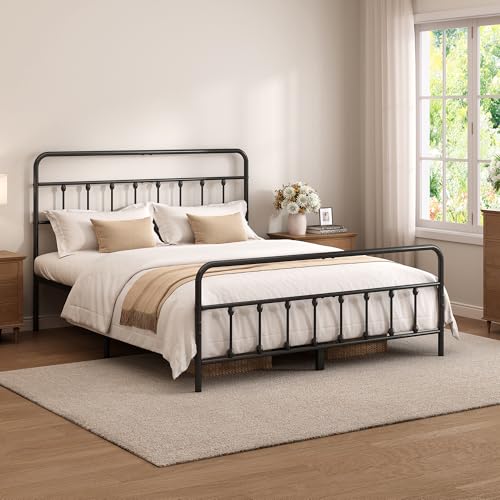 Full Size Metal Bed Frame with Headboard and Footboard,Black