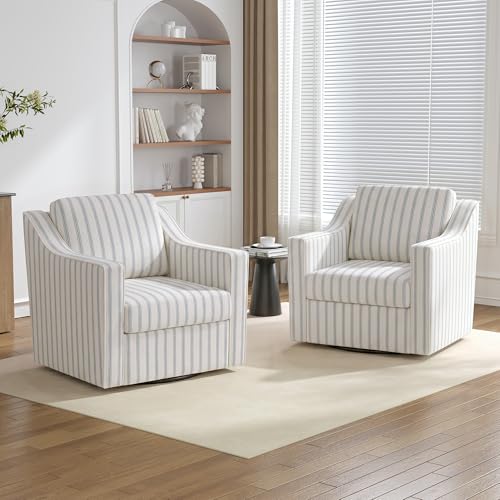Swivel Club Armchairs, Set of 2, Light Blue Pinstripe Upholstery