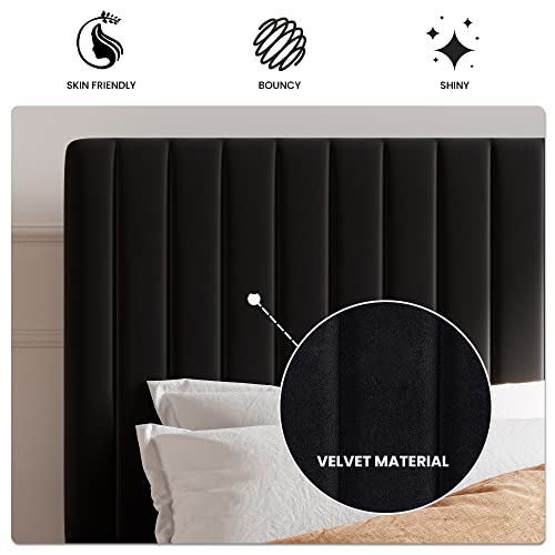 Queen Upholstered Platform Bed Frame with Adjustable Headboard/Vertical Channel Tufted Velvet Fabric/Wooden Slats Support/Mattress Foundation/Box Spring Optional/Black