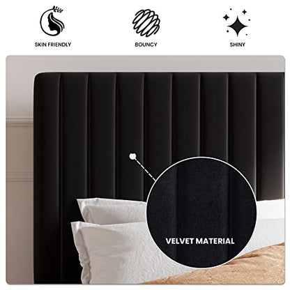 Queen Upholstered Platform Bed Frame with Adjustable Headboard/Vertical Channel Tufted Velvet Fabric/Wooden Slats Support/Mattress Foundation/Box Spring Optional/Black