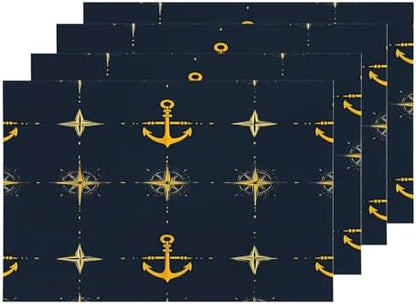 Shrahala Maritime Sea Sailing Symbols Set of 4 12 X 18 Inch Linen Placemats, Navy Blue Nautical Seamless Pattern Burlap Table Mat Washable Double Layered Heat Insulation for Indoor/Outdoor