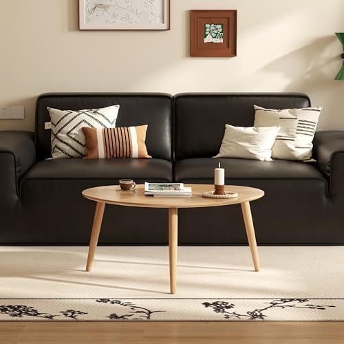 Small Oval Coffee Table, 33.5" Mid Century Modern Coffee Table for Living Room, 100% Solid Oak Wood Side Table, Center Table (Original Wood Color, 33.46''Wx22.83''Dx15.74''H)