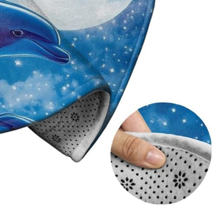 Large Round Area Rug Home Decor Modern Bathroom Rug Kitchen Office Circle Rug for Living Room Sofa Circle Cute Mat Blue Great Water of Waves Sea Full Moon Dolphin Art, 24inch