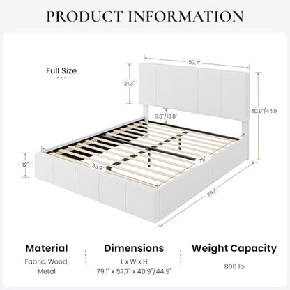 Full Size Bed Frame, Velvet Upholstered Platform Bed, Vertical Channel Tufted Adjustable Headboard, Low Profile Bed Frame, No Box Spring Needed, Easy Assembly, White