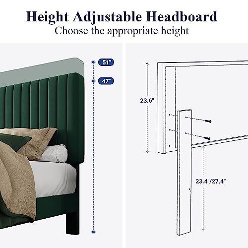 Queen Bed Frame, Velvet Upholstered Platform Bed with Adjustable Vertical Channel Tufted Headboard, Mattress Foundation with Strong Wooden Slats, Box Spring Optional, Easy Assembly, Green