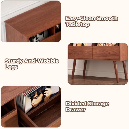 Mid Century Modern Record Player Stand with Vinyl Storage, Brown | Turntable Stand with Solid Wood Legs, 7“/10"/12" Vinyl Record Storage Cabinet, for Living Room, Music Corner