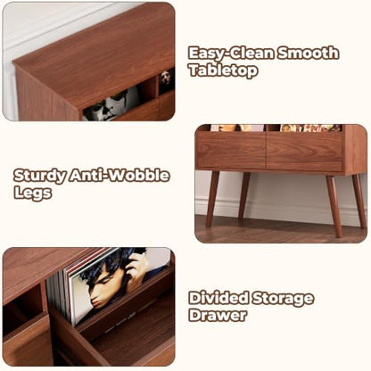 Mid Century Modern Record Player Stand with Vinyl Storage, Brown | Turntable Stand with Solid Wood Legs, 7“/10"/12" Vinyl Record Storage Cabinet, for Living Room, Music Corner
