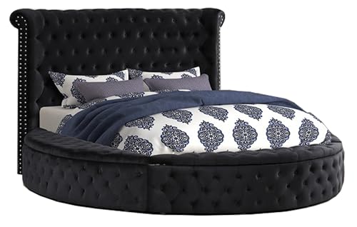 Velvet Tufted Platform Storage Bed, Circle Bed with Button Tufting, Storage Compartments in Rails and Footboard (Black, Eastern King)