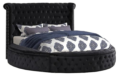 Velvet Tufted Platform Storage Bed, Circle Bed with Button Tufting, Storage Compartments in Rails and Footboard (Black, Eastern King)