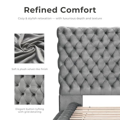 Sable Fabric Upholstered Step Up Queen-Size Platform Bed with Oversized Headboard, Deep Button Tufting, No Box Spring Required for Bedroom, Guest Room, Black