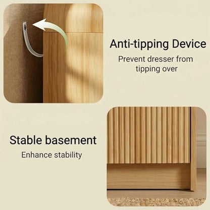 Fluted 8 Drawers Dresser for Bedroom, 55" Wide Wooden Dresser with Metal Handle, Curved Profile Design, Modern Storage Organizer for Bedroom, Living Room, Hallway, Natural Oak