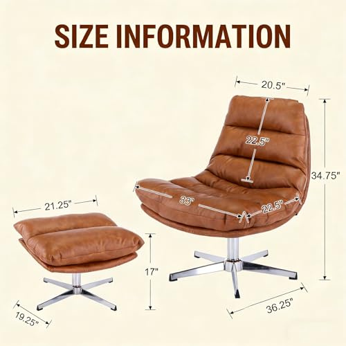 Brown Swivel Lounge Chair with Ottoman Modern PU Leather Accent Chair with Footrest 33'' Wide Oversized Armless Upholstered Reading Chair with Footstool for Living Room Bedroom Comfy