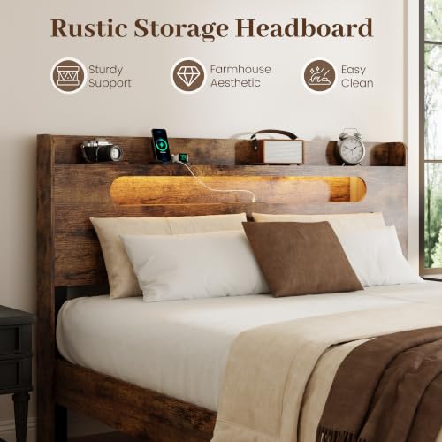 Queen Bed Frame, 2-Tier Storage Headboard Platform Bed, Rustic Brown | Farmhouse Wooden Bed Frame with Charging Station and LED Light, Heavy Duty Wood Slat Support, No Box Spring Needed