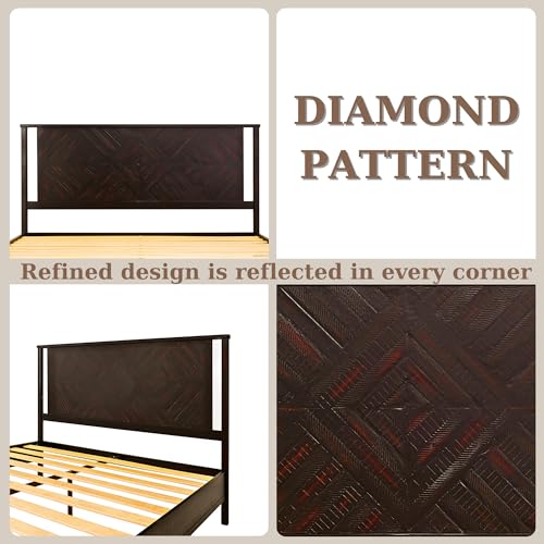 Ethan King Size Bed Frame with Diamond Headboard, Rustic Mid-Century Modern, Solid Acacia Wood, No Box Spring Needed, Slat Support, Rustic Black