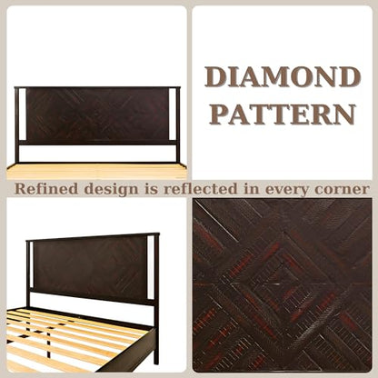 Ethan King Size Bed Frame with Diamond Headboard, Rustic Mid-Century Modern, Solid Acacia Wood, No Box Spring Needed, Slat Support, Rustic Black