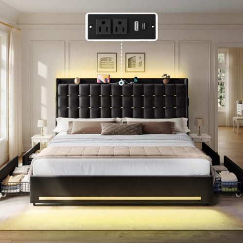 King Size Bed Frame, 4 Drawers and RGB LED Light,Charging Station