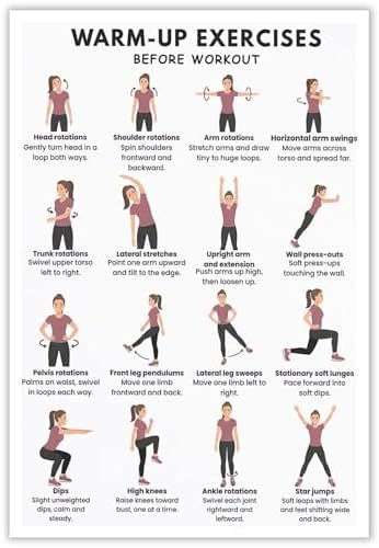 Pre-Workout Warm-Up Exercise Poster, 16 Illustrated Full-Body Prep Movement Chart, Bodyweight Joint Loosening Reference to Prevent Strains Before Home & Gym Fitness Training Sessions(20x30inchs，Unframed)
