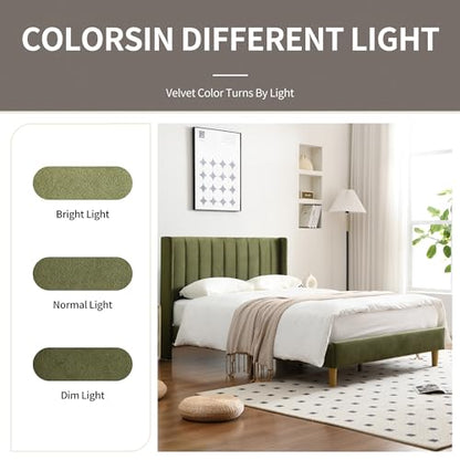 Queen Bed Frame，Platform Bed with Upholstered Headboard，GrassGreen