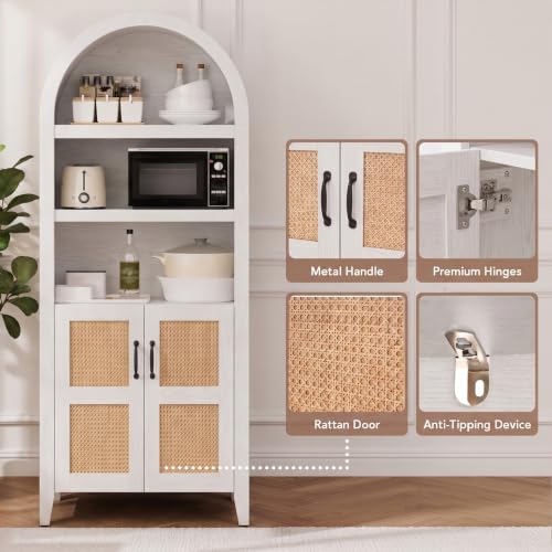 71" Arched Storage Cabinet, Modern Farmhouse Wooden Bookcase with Adjustable Shelves – Versatile Kitchen Pantry, Living Room Display, and Bedroom Storage (White)