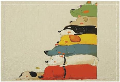 Stacked Dogs Colorful Linen Placemats Set of 4PCS, Heat Resistant Non-Slip Washable Table Placemats for Dining Everyday Use Hotel Banquet Home Decor