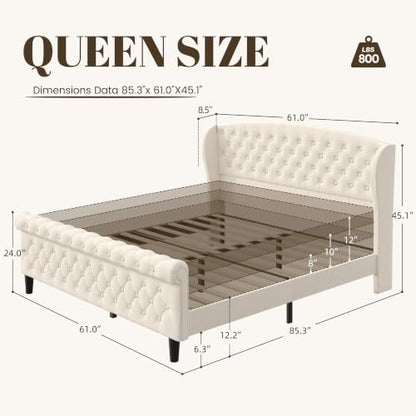 Queen Platform Bed Frame, Velvet Upholstered Sleigh Bed with Wingback Tufted Headboard and Footboard, Noise-Free Design, Easy Assembly, No Box Spring Needed, Light Beige