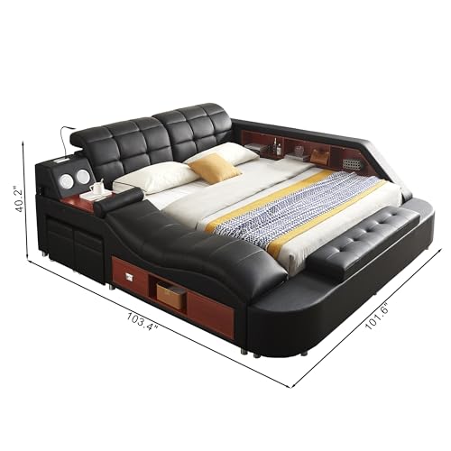 Multifunctional King Size Bed Frame, Modern Luxury Smart Bed with Massage Recliner/Music Speaker/USB Port/Storage Drawers, Adjustable Leather Upholstered Headboard, Black
