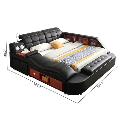 Multifunctional King Size Bed Frame, Modern Luxury Smart Bed with Massage Recliner/Music Speaker/USB Port/Storage Drawers, Adjustable Leather Upholstered Headboard, Black