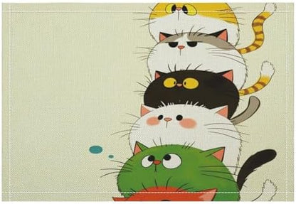 Stacked Colorful Cats Linen Placemats Set of 2PCS, Heat Resistant Non-Slip Washable Table Placemats for Dining Everyday Use Hotel Banquet Home Decor