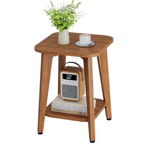 Side Table, 2-Tier Square End Table, Rustic Walnut | Nightstand with Adjustable Foot Pads, Tapered Legs, Spacious Top, Curved Edge, for Living Room, Bedroom