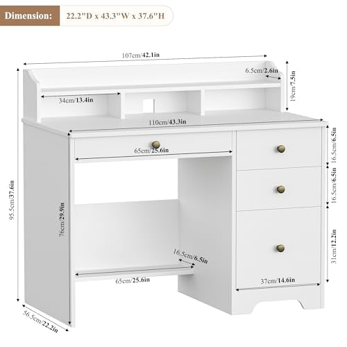 43-Inch White Computer Desk with Hutch and File Drawer