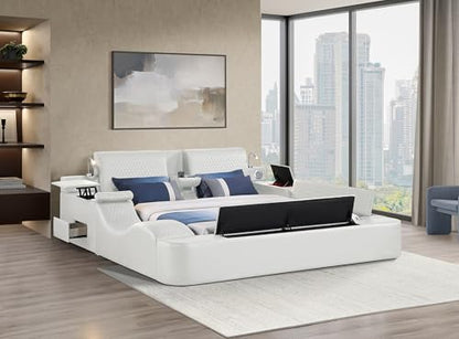 King Size Smart Bed, Multifunctional Leather Bed Frame with Massage Recliner/Adjustable Headboard/Music Speaker/USB Port/Storage Space, Modern Luxury Bed Frame(Beige)