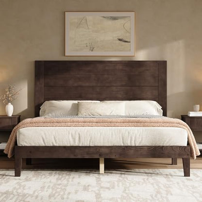 Queen Size Solid Wood Bed Frame with 48" Headboard Design, Walnut
