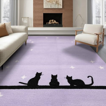 6'x9' Black Cat Lavender Starry Washable Area Rug