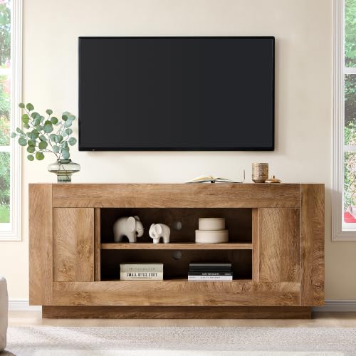 70" TV Stand for 80" TV, Thick Block Media Console, Light Knotty Oak