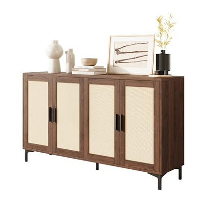 48" Rattan Buffet Cabinet with Storage, Walnut Coffee Bar Cabinet