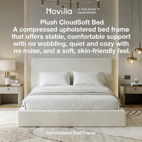 King Size Bed Frame, Plush CloudSoft Bed, Corduroy Upholstered Platform Bed Frame with Headboard, Easy Assembly, No Box Spring Needed, Modern Soft Bed Frame, White