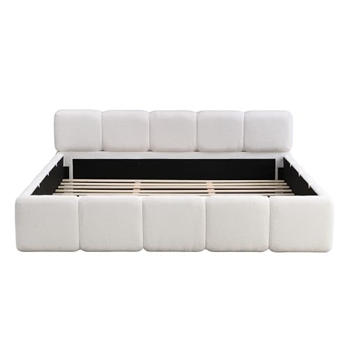 California King Boucle Platform Bed, Headboard and Footboard, White