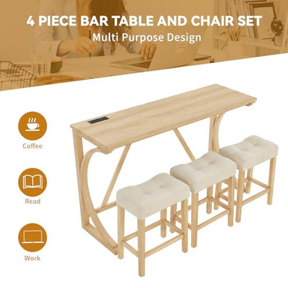 5-Piece Bar Table Set with Built-In Power Outlets, Light Oak