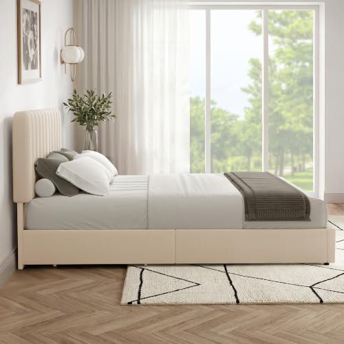 Queen Size Upholstered Bed Frame with 4 Drawers and Headboard, Velvet Platform Storage Bedframe, Wooden Slats Support, No Box Spring Needed, Beige