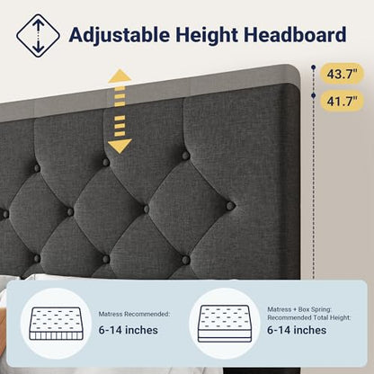 Upholstered King Size Platform Bed Frame with 4 Storage Drawers and Headboard, Diamond Stitched Button Tufted, Mattress Foundation with Wooden Slats Support, No Box Spring Needed, Dark Grey